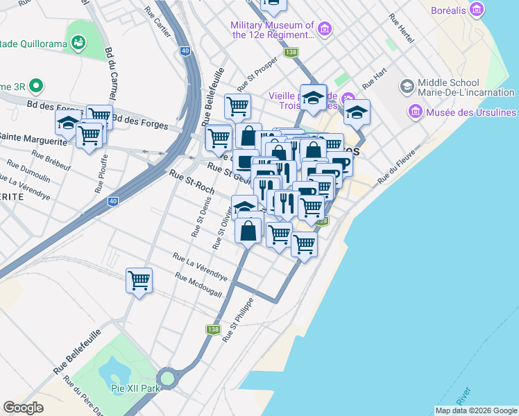 map of restaurants, bars, coffee shops, grocery stores, and more near 1660 Rue Royale in Trois-Rivières