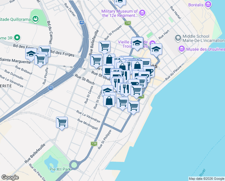 map of restaurants, bars, coffee shops, grocery stores, and more near 1660 Rue Royale in Trois-Rivières