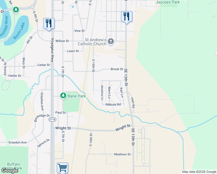 map of restaurants, bars, coffee shops, grocery stores, and more near 50 Merri Lane in Brainerd