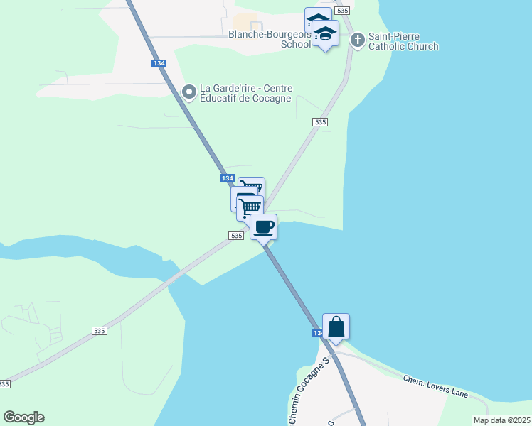 map of restaurants, bars, coffee shops, grocery stores, and more near 1840 Route 535 in Cocagne