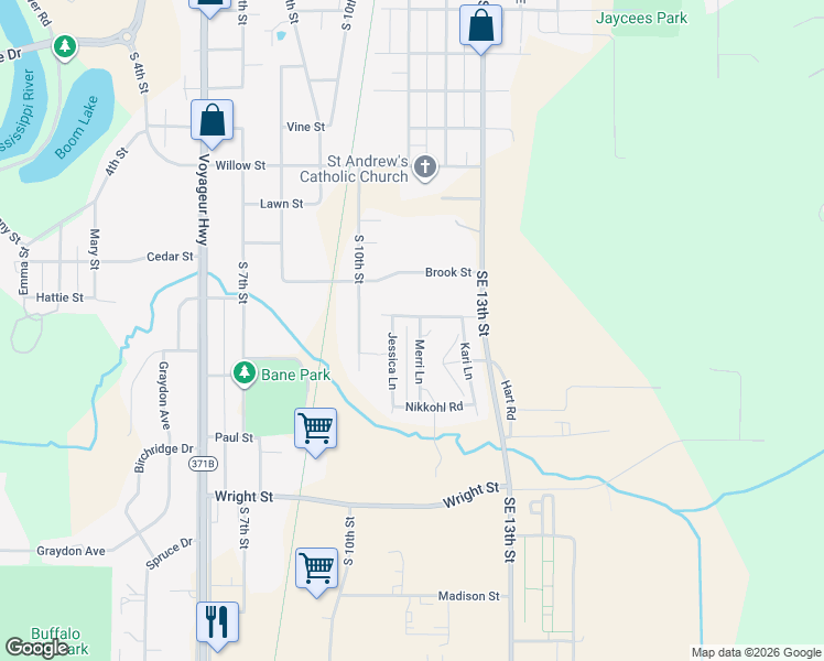 map of restaurants, bars, coffee shops, grocery stores, and more near 50 Merri Lane in Brainerd