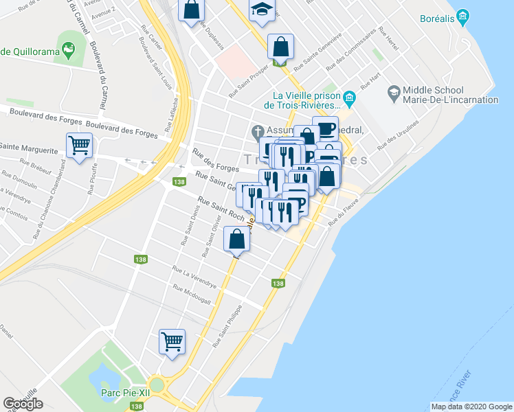map of restaurants, bars, coffee shops, grocery stores, and more near 1634 Royale Street in Trois-Rivières