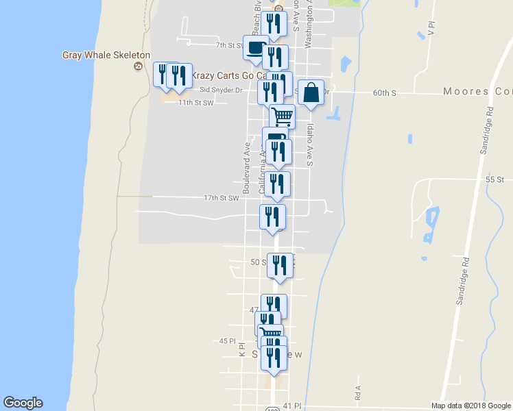 map of restaurants, bars, coffee shops, grocery stores, and more near 1707 California Avenue in Long Beach