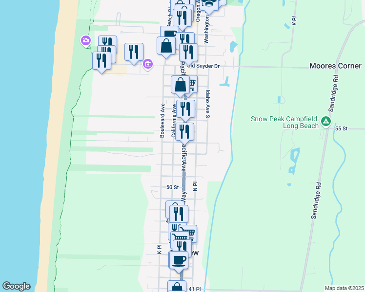 map of restaurants, bars, coffee shops, grocery stores, and more near 105 17th Street Southwest in Long Beach