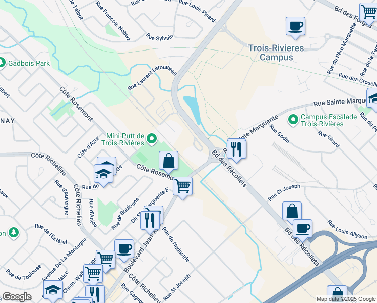 map of restaurants, bars, coffee shops, grocery stores, and more near 3766 Boulevard Jean-XXIII in Trois-Rivières
