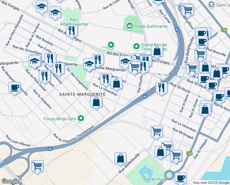 map of restaurants, bars, coffee shops, grocery stores, and more near 1554 Rue de la Vérendrye in Trois-Rivières