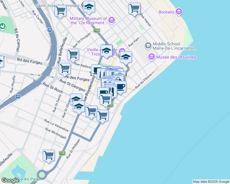 map of restaurants, bars, coffee shops, grocery stores, and more near 1500 Rue Notre Dame Centre in Trois-Rivières