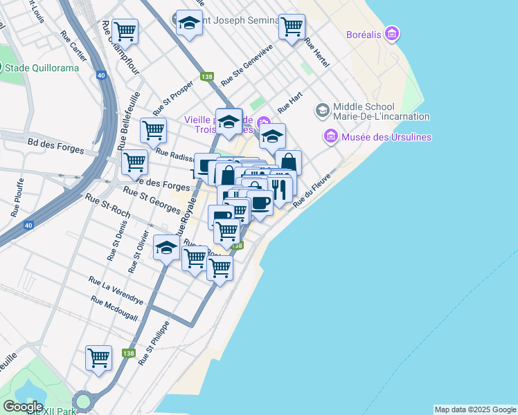 map of restaurants, bars, coffee shops, grocery stores, and more near 1457 Rue Notre Dame Centre in Trois-Rivières