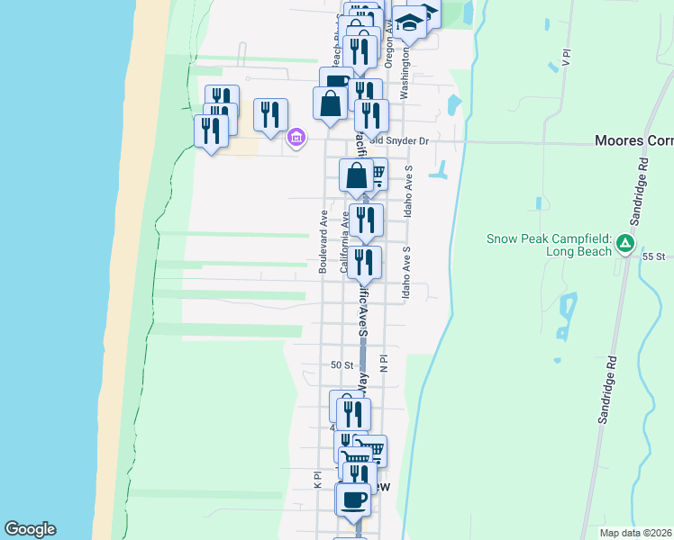 map of restaurants, bars, coffee shops, grocery stores, and more near 1707 California Avenue in Long Beach