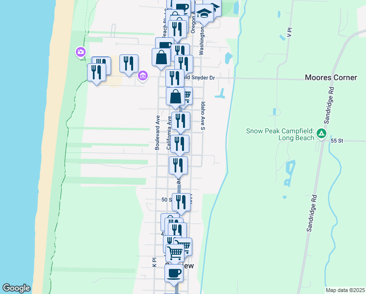 map of restaurants, bars, coffee shops, grocery stores, and more near 105 17th Street Southwest in Long Beach