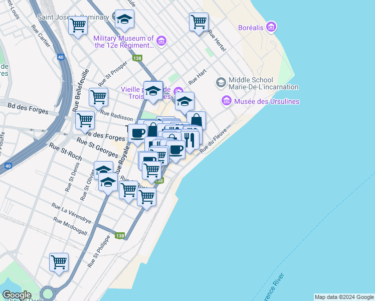 map of restaurants, bars, coffee shops, grocery stores, and more near 30 Rue des Forges in Trois-Rivières