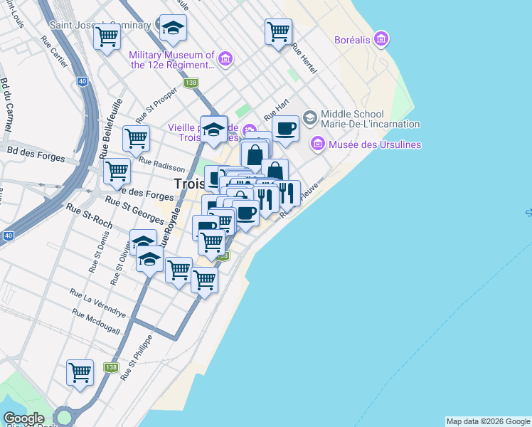 map of restaurants, bars, coffee shops, grocery stores, and more near 30 Rue des Forges in Trois-Rivières
