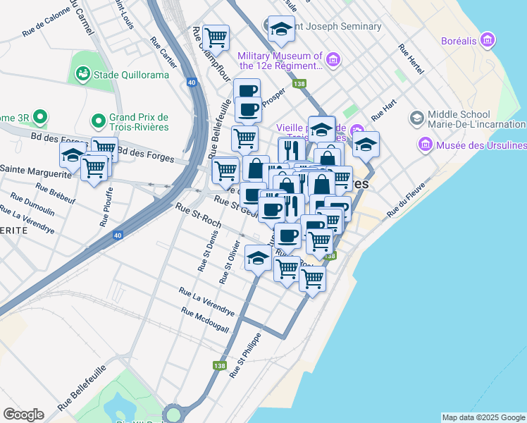 map of restaurants, bars, coffee shops, grocery stores, and more near in Trois-Rivières