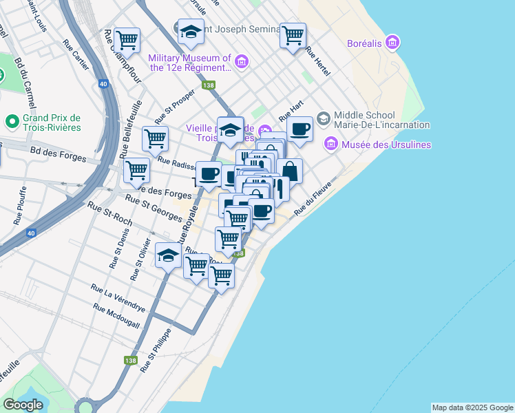 map of restaurants, bars, coffee shops, grocery stores, and more near 100 Rue des Forges in Trois-Rivières