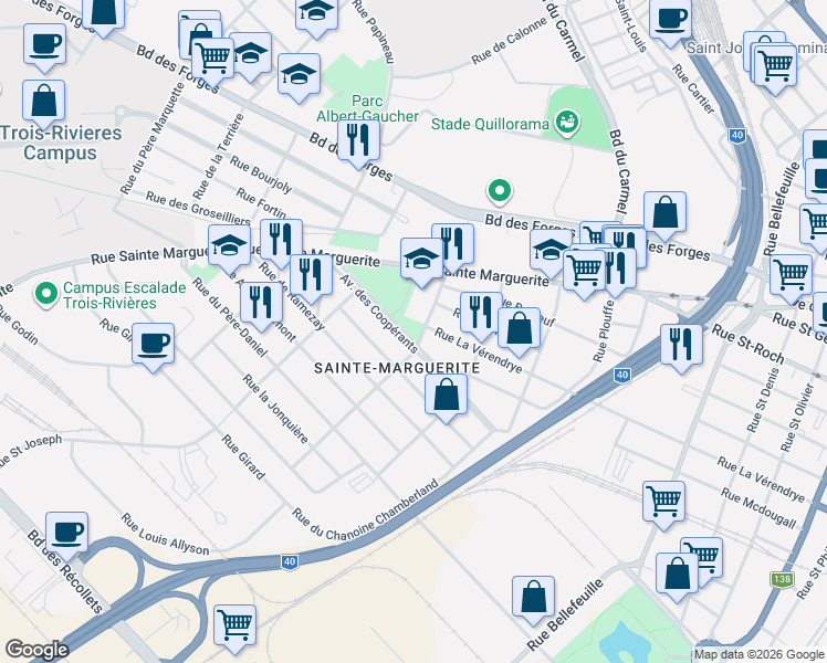 map of restaurants, bars, coffee shops, grocery stores, and more near 1955 Rue du Chanoine Chamberland in Trois-Rivières