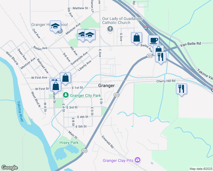 map of restaurants, bars, coffee shops, grocery stores, and more near in Granger