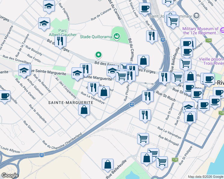 map of restaurants, bars, coffee shops, grocery stores, and more near 1305 Rue Brébeuf in Trois-Rivières