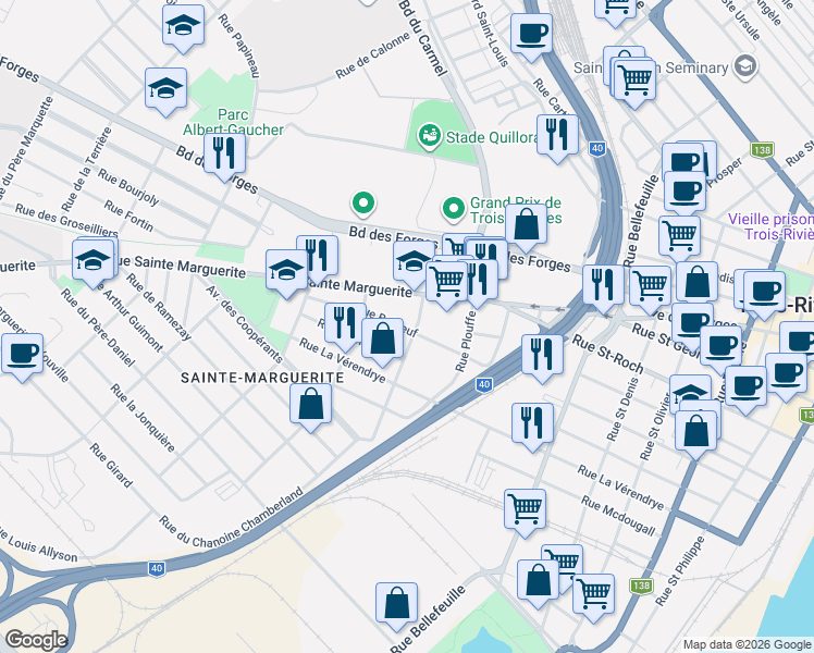 map of restaurants, bars, coffee shops, grocery stores, and more near 1405 Rue Brébeuf in Trois-Rivières