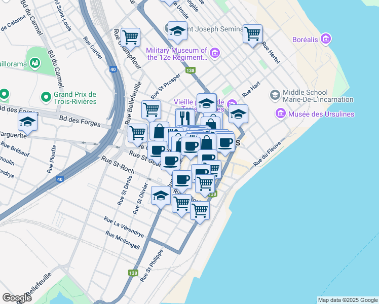 map of restaurants, bars, coffee shops, grocery stores, and more near 394 Boulevard Rue des Forges in Trois-Rivières