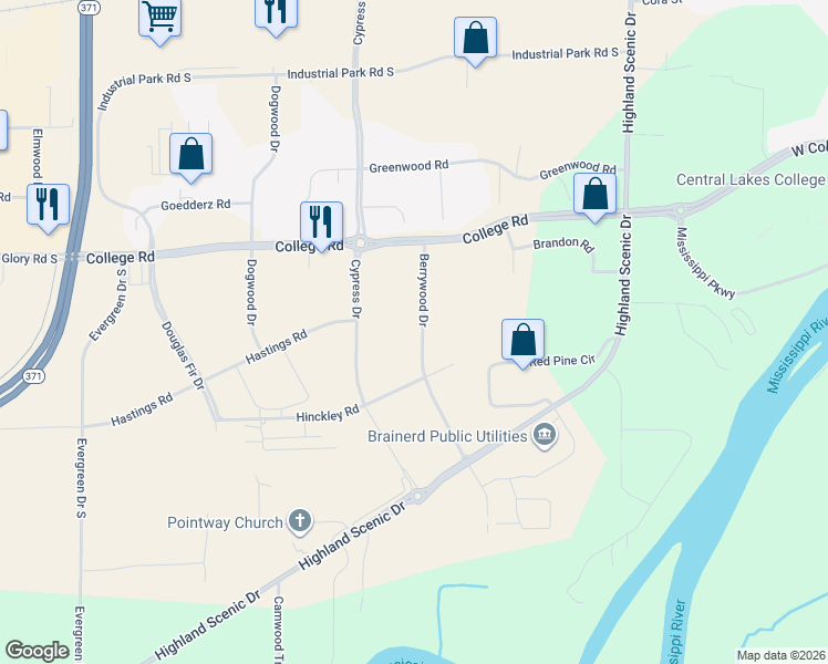 map of restaurants, bars, coffee shops, grocery stores, and more near 13199 Berrywood Drive in Baxter