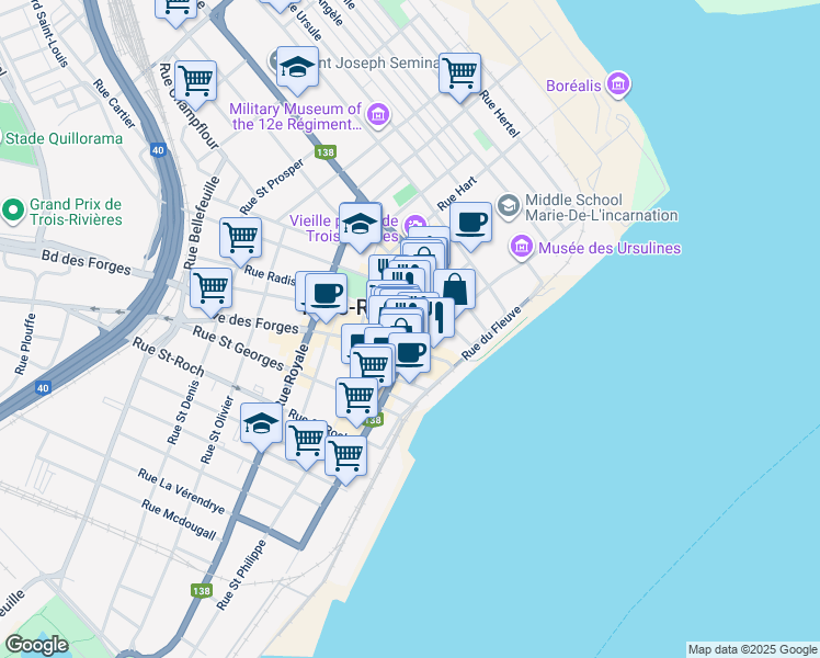 map of restaurants, bars, coffee shops, grocery stores, and more near 100 Rue des Forges in Trois-Rivières