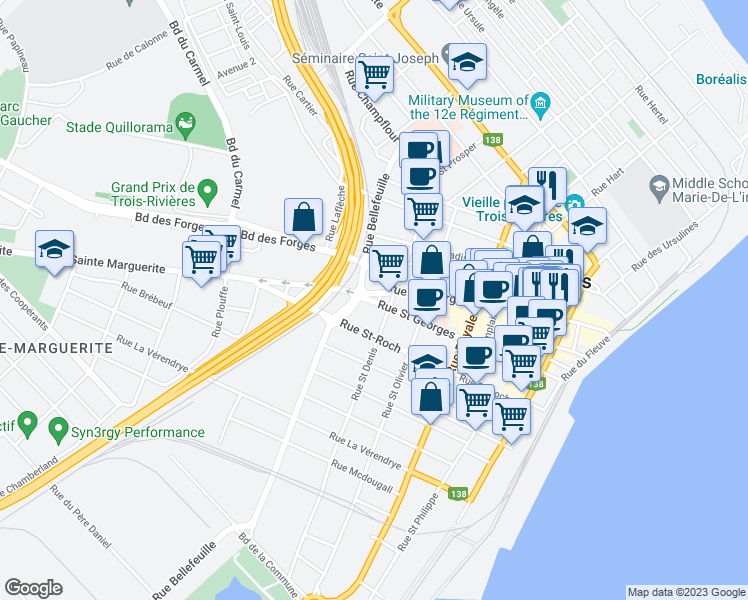 map of restaurants, bars, coffee shops, grocery stores, and more near 752 Rue Saint Georges in Trois-Rivières