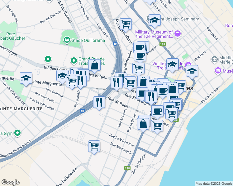 map of restaurants, bars, coffee shops, grocery stores, and more near 863 Rue des Forges in Trois-Rivières