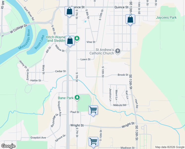map of restaurants, bars, coffee shops, grocery stores, and more near 811 Brook Street in Brainerd