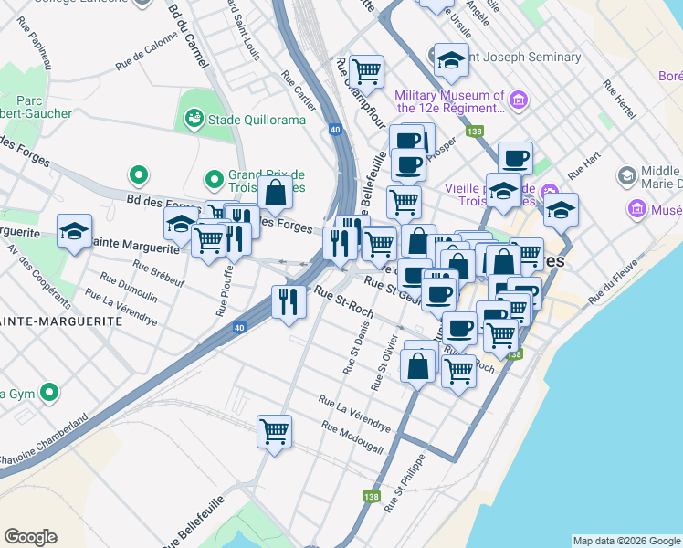 map of restaurants, bars, coffee shops, grocery stores, and more near 863 Rue des Forges in Trois-Rivières