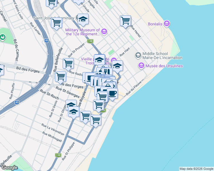 map of restaurants, bars, coffee shops, grocery stores, and more near 165 Rue Radisson in Trois-Riviã¨Res