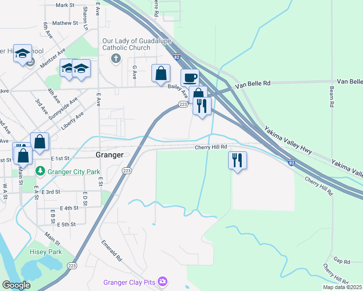 map of restaurants, bars, coffee shops, grocery stores, and more near in Granger