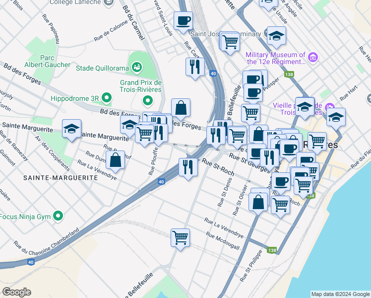 map of restaurants, bars, coffee shops, grocery stores, and more near 1034 Rue Saint Roch in Trois-Rivières
