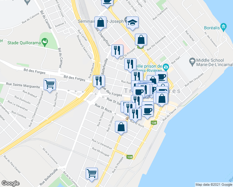 map of restaurants, bars, coffee shops, grocery stores, and more near 616 Boulevard Rue des Forges in Trois-Rivières