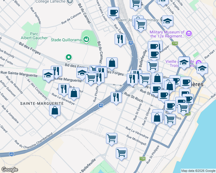 map of restaurants, bars, coffee shops, grocery stores, and more near 1129 Rue Saint Roch in Trois-Rivières