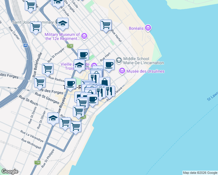 map of restaurants, bars, coffee shops, grocery stores, and more near 863 Rue des Ursulines in Trois-Rivières