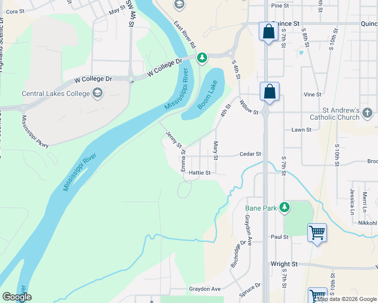 map of restaurants, bars, coffee shops, grocery stores, and more near 1605 Emma Street in Brainerd