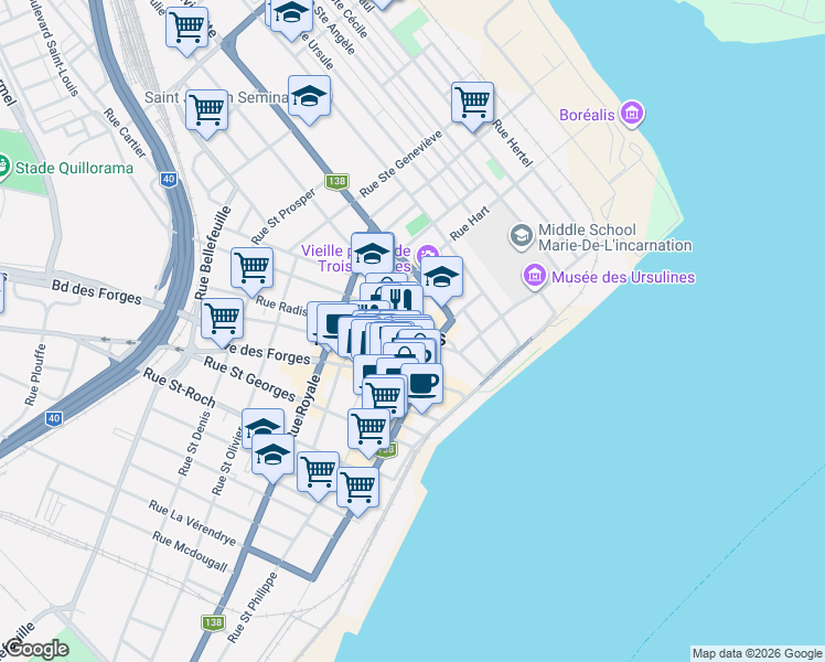 map of restaurants, bars, coffee shops, grocery stores, and more near 165 Rue Bonaventure in Trois-Rivières