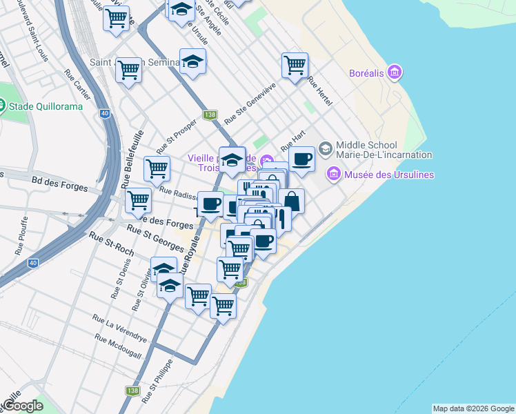 map of restaurants, bars, coffee shops, grocery stores, and more near 165 Rue Bonaventure in Trois-Rivières