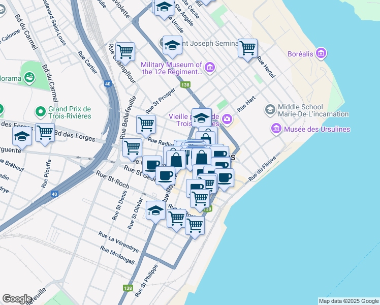 map of restaurants, bars, coffee shops, grocery stores, and more near in Trois-Rivières