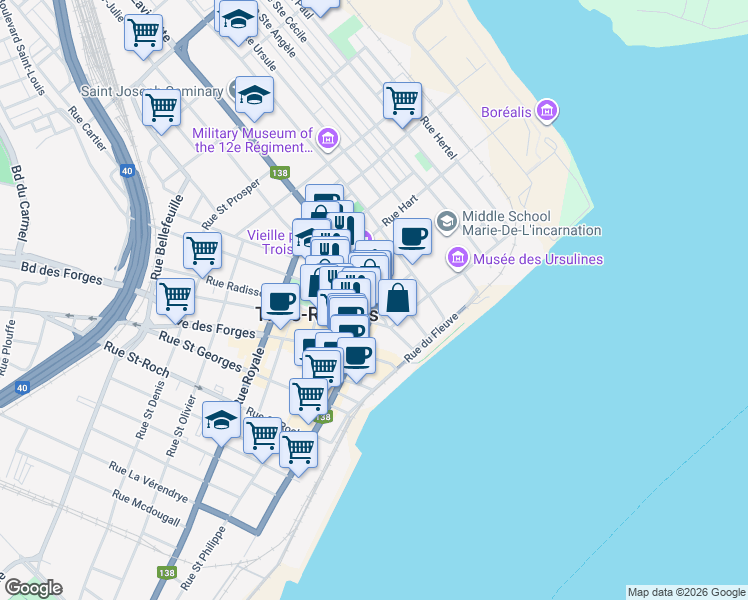 map of restaurants, bars, coffee shops, grocery stores, and more near 934 Rue Notre Dame Centre in Trois-Rivières
