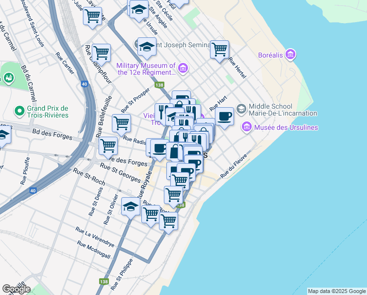 map of restaurants, bars, coffee shops, grocery stores, and more near 1243 Rue Hart in Trois-Rivières
