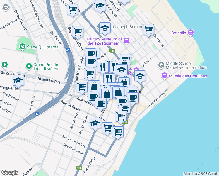 map of restaurants, bars, coffee shops, grocery stores, and more near 1350 Rue Royale in Trois-Rivières