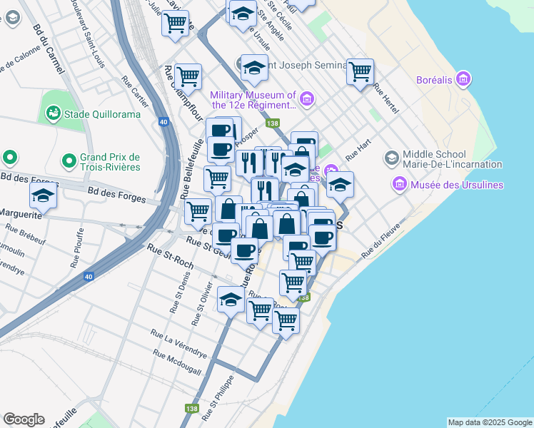 map of restaurants, bars, coffee shops, grocery stores, and more near 1350 Rue Royale in Trois-Rivières