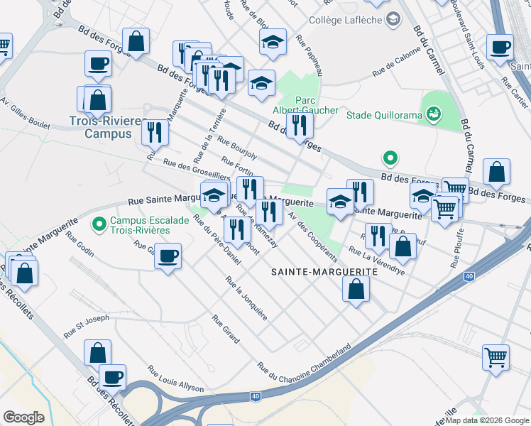 map of restaurants, bars, coffee shops, grocery stores, and more near 2793 Rue Arthur Francoeur in Trois-Rivières
