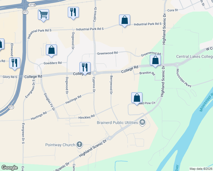 map of restaurants, bars, coffee shops, grocery stores, and more near 13199 Berrywood Drive in Baxter