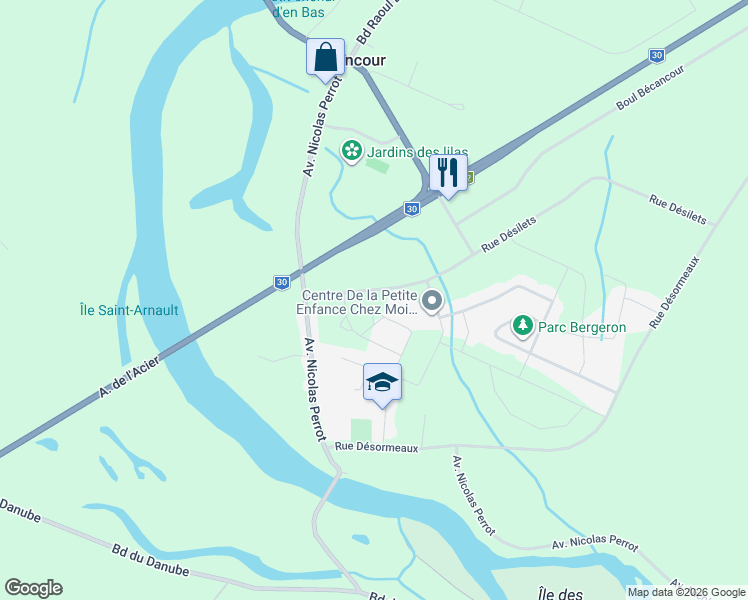 map of restaurants, bars, coffee shops, grocery stores, and more near 8429 Rue Désilets in Bécancour