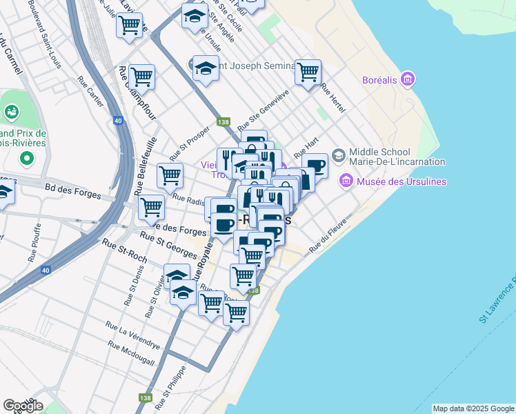 map of restaurants, bars, coffee shops, grocery stores, and more near 1243 Rue Hart in Trois-Rivières