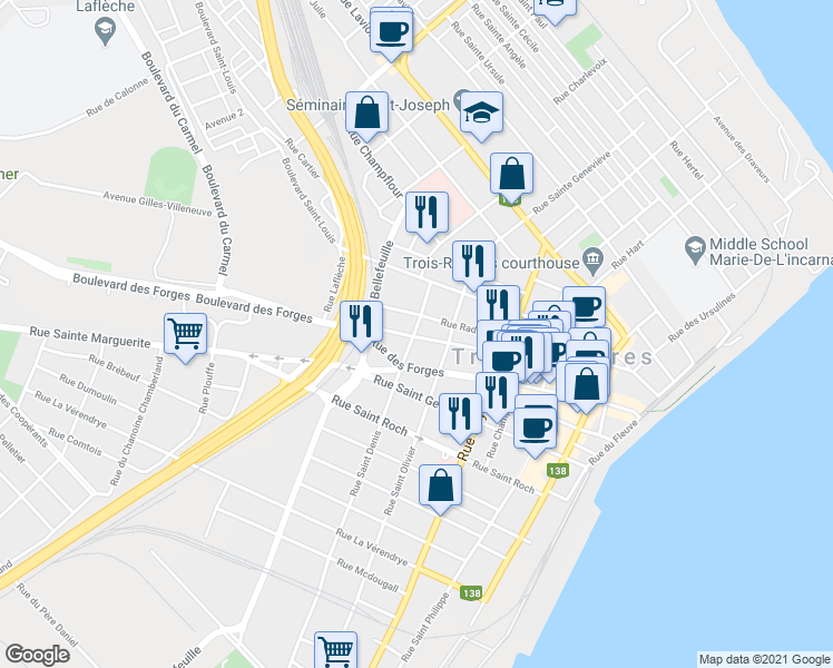 map of restaurants, bars, coffee shops, grocery stores, and more near 664 Rue des Volontaires in Trois-Rivières