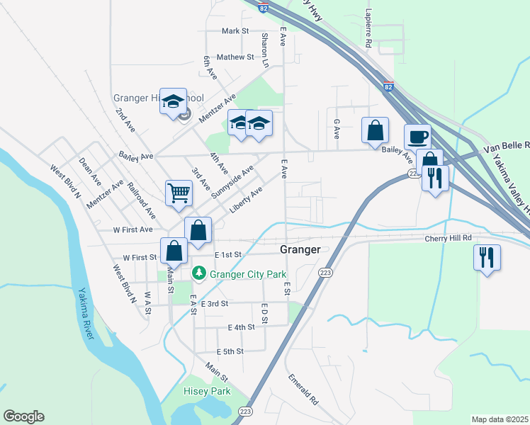 map of restaurants, bars, coffee shops, grocery stores, and more near 418 Liberty Ave in Granger