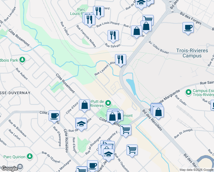 map of restaurants, bars, coffee shops, grocery stores, and more near 4385 Rue Louis Lacroix in Trois-Rivières